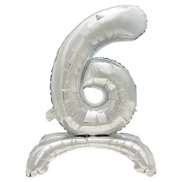 XL cijferballon "6" met standaard H 73 cm zilveren cijfer ballon staand