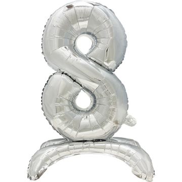 XL cijferballon "8" met standaard H 73 cm zilveren cijfer ballon staand