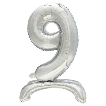 XL cijferballon "9" met standaard H 73 cm zilveren cijfer ballon staand