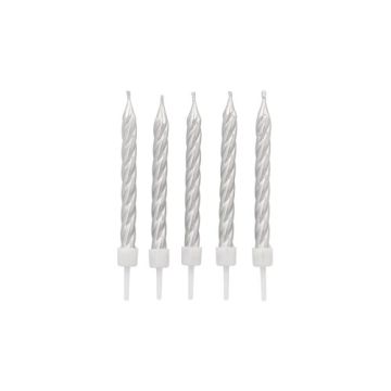Verjaardagskaarsjes incl. houder 6 cm zilver taartkaarsen 12 stuks