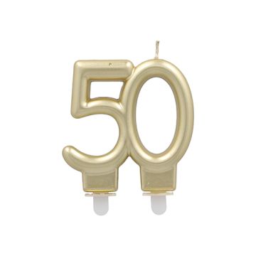 Gouden kaars "50" met houder 7 cm jubileumskaars verjaardagskaars goud