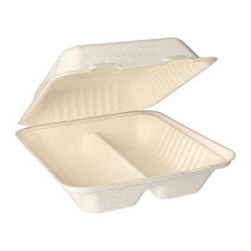 Bio menuboxen suikerriet "pure" 2-vaks 20 cm x 22 cm PFAS-vrij bagasse wit