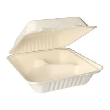 Bio menubox suikerriet "pure" 20 x 22 cm 3-vaks PFAS-vrij bagasse wit 