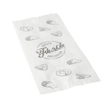 Vleeswarenzakken 28 cm x 14 cm x 6 cm wit met opdruk "always fresh guaranteed", klein, aaneengeregen per 125 stuks