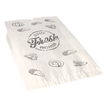Vleeswarenzakken 32 cm x 20 cm x 7 cm wit met opdruk "always fresh guaranteed", groot, aaneengeregen per 125 stuks