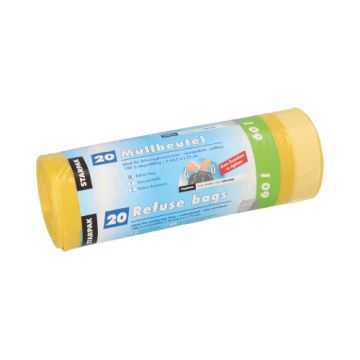 Huisvuilzakken met trekband, HDPE 60 l 71 cm x 64,5 cm geel