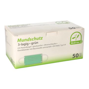 "Medi-Inn" Mundschutz Type IIR 3-lagig 9 cm x 17,5 cm groen met neusbeugel en elastische bandjes