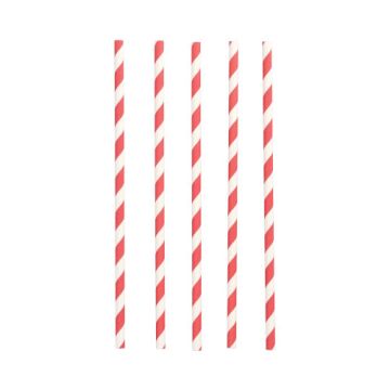 Bio papieren rietjes met lepel Ø 6 mm · 20 cm lepelrietjes rood-wit gestreept "Stripes"