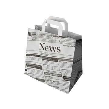 Papieren draagtassen van kraftpapier 25 cm x 26 cm x 17 cm "Newsprint" met platte handvaten