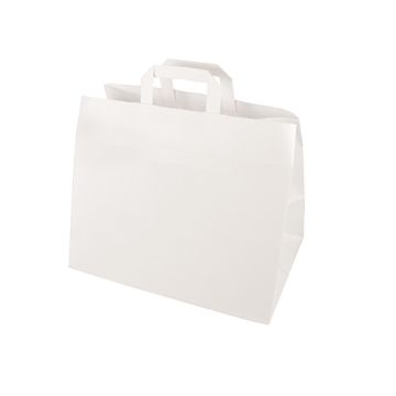 Papieren draagtassen van kraftpapier 27 cm x 32 cm x 17 cm wit met platte handvaten