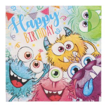 Verjaardag servetten monster 3-laags 1/4 vouw 33 cm x 33 cm FSC feestservetten "Funny Monsters"