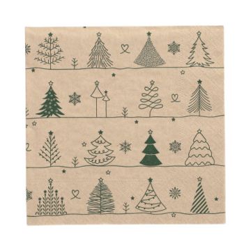 Servetten 3-laags 1/4 vouw 33 cm x 33 cm natuur "Various X-Mas Trees" gemaakt van gerecycled papier