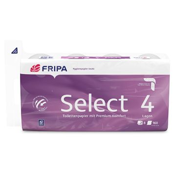 Fripa Select toiletpapier, 4-laags, wit, kussenzacht, 160 vellen WC-papier per rol, PEFC