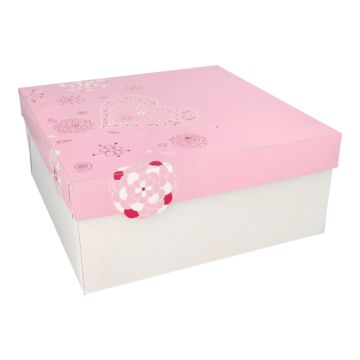 Gebaksdozen met deksel, karton vierkant 30 cm x 30 cm x 13 cm wit/roze "Lovely Flowers"