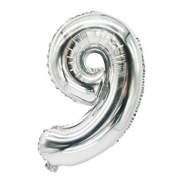 Folie ballon 35 cm x 20 cm zilver "9"