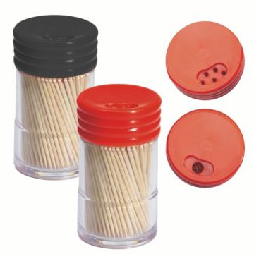 Ronde tandenstokers van hout, lengte 6,5 cm, in potjes met 6 rode / zwarte deksels