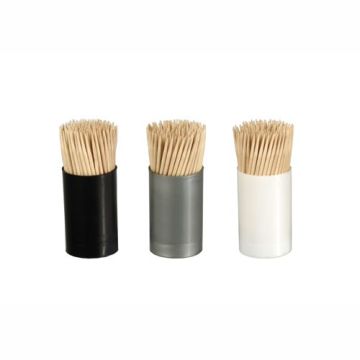 Ronde tandenstokers van hout in gekleurde potjes à 150 stuks, lengte 6,8 cm - 5 sets met zwarte, zilveren en witte dispensers, 5 sets met gele, rode en blauwe dispensers